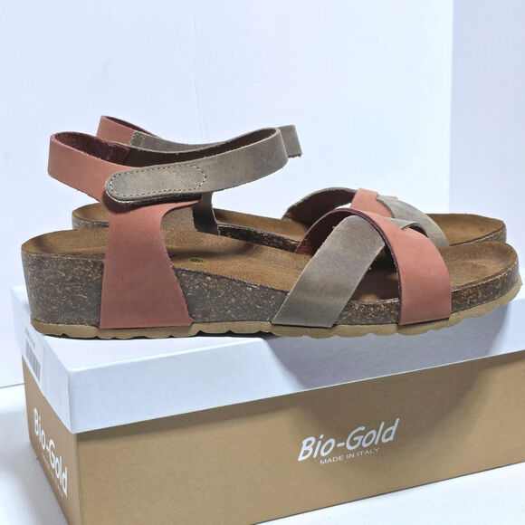 Bio-Gold Suede Leather Sandals Cork Wedge Ankle Strap Womens Size 9 Taupe Peach - Picture 8 of 14